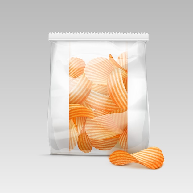 Vector sealed transparent plastic bag with potato chips on white background