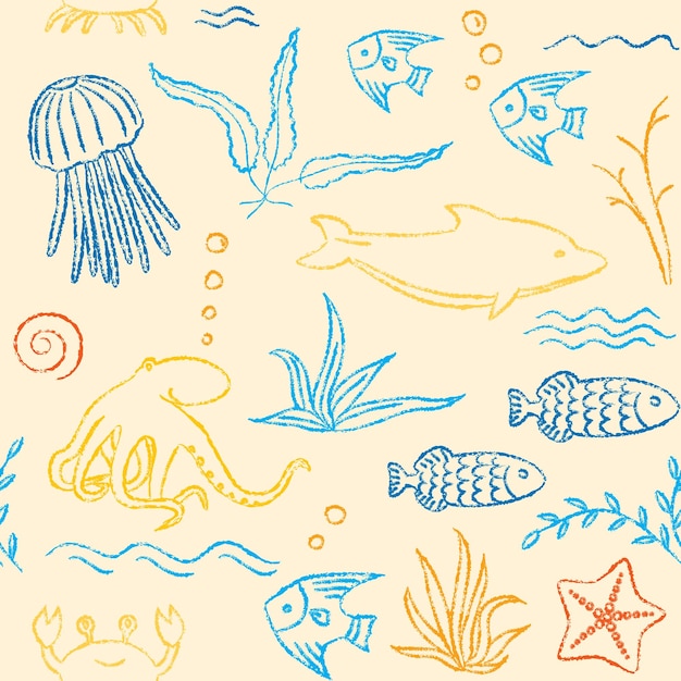 Vettore modello senza cuciture disegnato a mano sealife