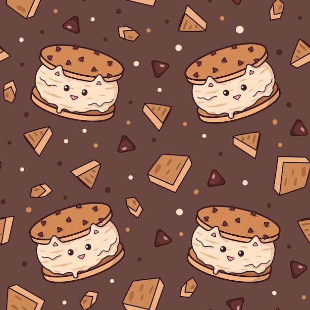 猫の形をしたアイス クリーム サンドイッチとチョコレート チップの Seamles パターン