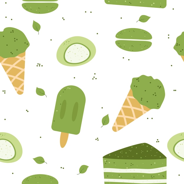 Seamles pattern with different tasty matcha food illustration Various matcha tea products