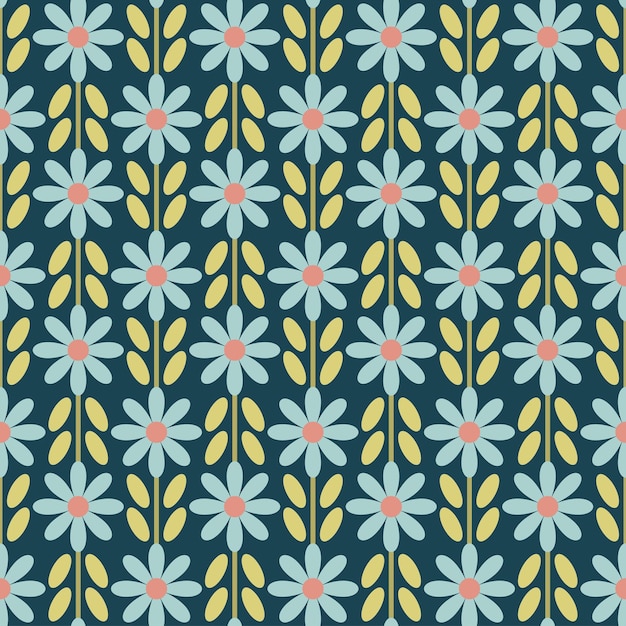 Vettore senza soluzione di continuità 70's retro pattern floreali fiori anni '60 e '70 stile estetico colori verde blu