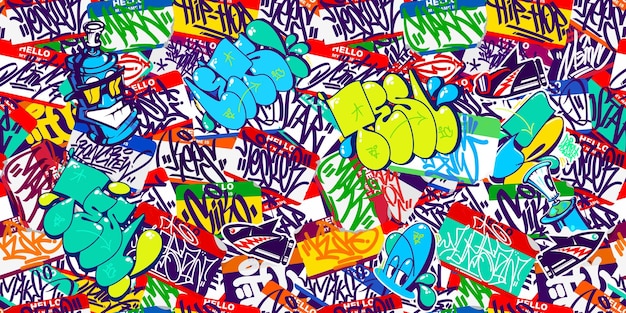 Seamless Abstract Colorful Urban Graffiti Style Sticker Bombing Hello My Name Is With Some Street Art Lettering Vector