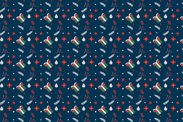 Seamless abstract pattern decoration for Christmas event Xmas minimal pattern design with gifts and leaves icon Christmas element pattern vector on dark background for bed sheets and wallpapers