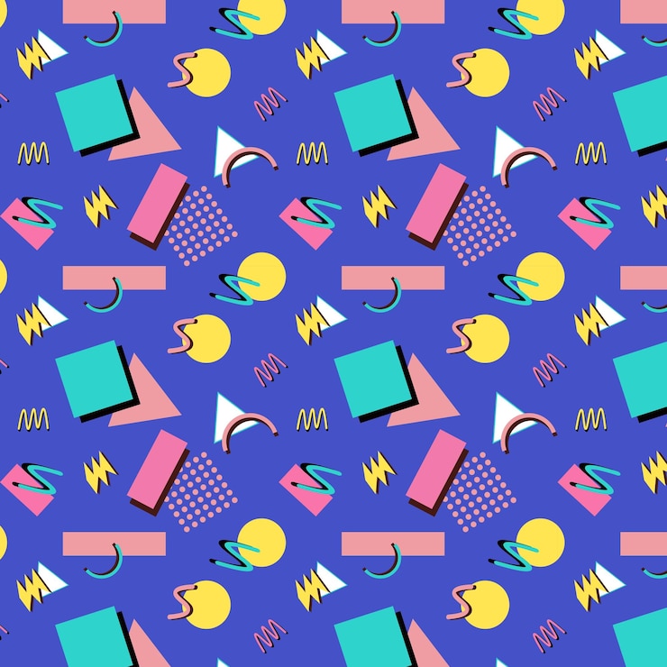 Vector seamless abstract pattern of different shapes. vector illustration in a memphis style of nineties years, 90-s background suitable for musical banner invitation and poster, for pop-music of 80-90 years