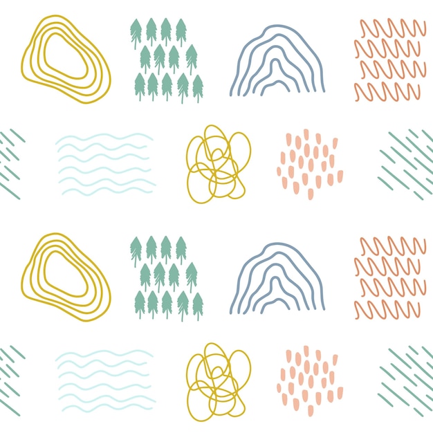 Бесшовный абстрактный узор Ручной рисунок различных форм и объектов Пятна капли кривые Линии