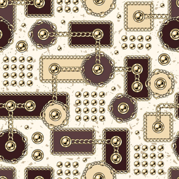 Seamless abstract pattern with geometric shapes gold chains beads buttons