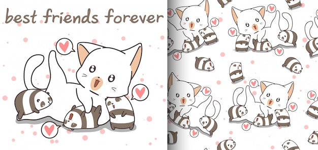 Seamless adorable cat and small pandas pattern