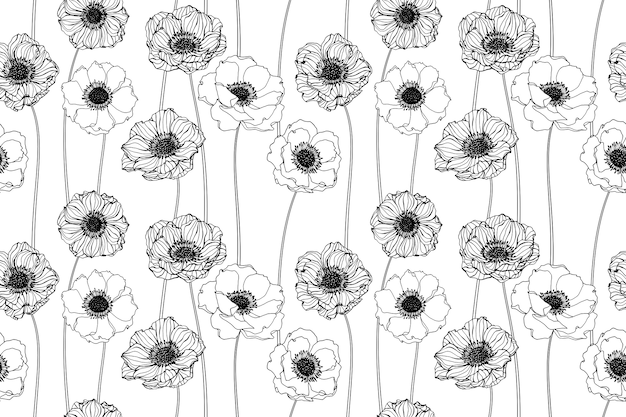 Seamless anemone flower pattern background.