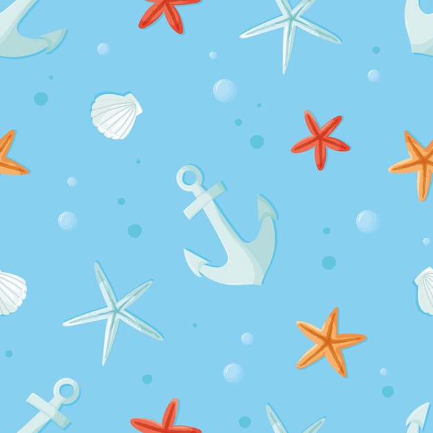 Seamless aquatic pattern with underwater elements starfish seashells and anchor on blue background