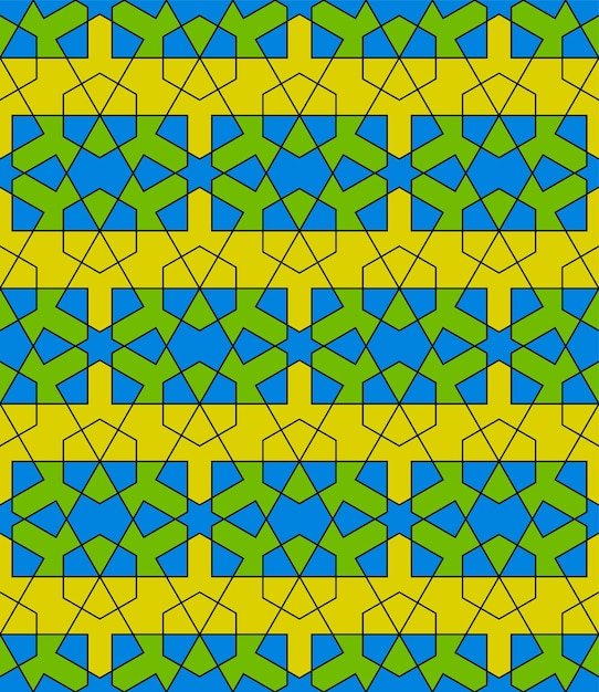 파란색과 노란색 색상의 원활한 아랍어 기하학적 장식