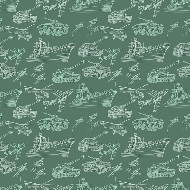 Seamless army texture with vehicle sketch icons on green camouflage background