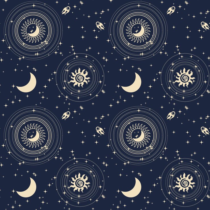 Vector seamless astrological pattern in boho style golden mystical esoteric symbols of the moon sun star