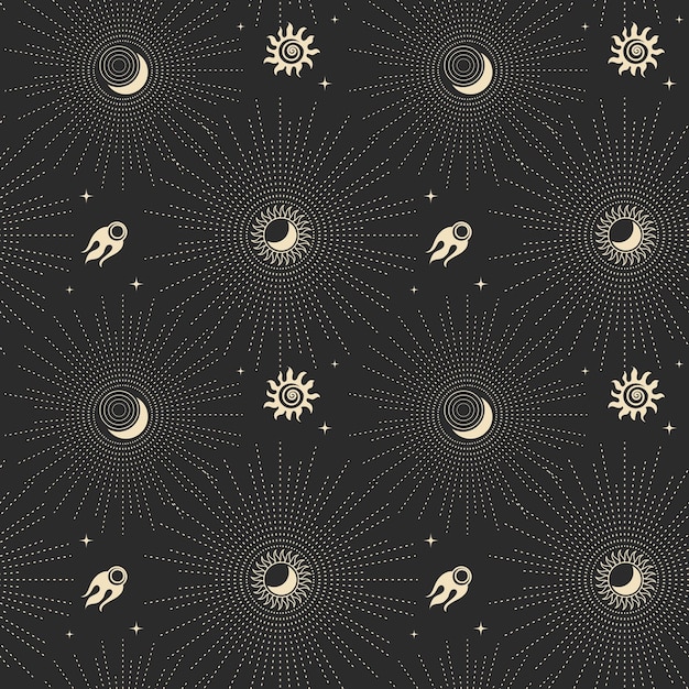 Seamless astrological pattern in boho style golden mystical esoteric symbols of the moon sun star