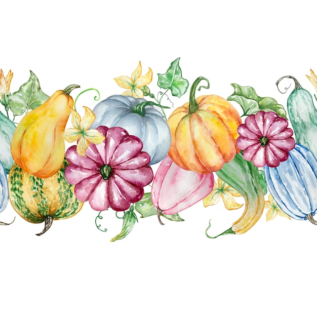 Seamless autumn border with watercolor pumpkins leaves and flowers