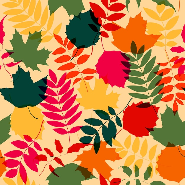 Seamless autumn leaves pattern background Vector colorful illustration with multiply effect