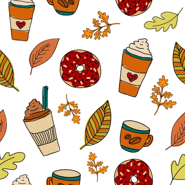 シームレスな秋のパターン 紅茶またはコーヒーのキャンドルと葉のカップ 落書きカラフルなベクトル イラスト 折り返しまたはファブリック ペーパー カバーの印刷