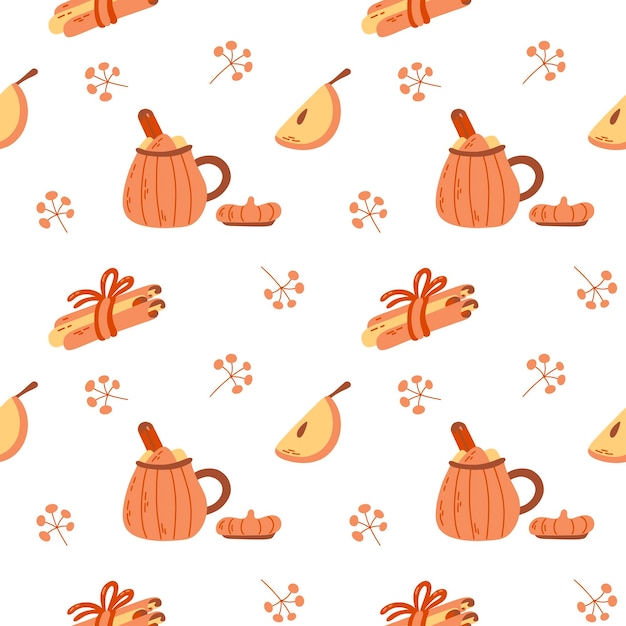 Seamless autumn pattern. Cup of tea or coffee with marshmallow and cinnamon berries and apple