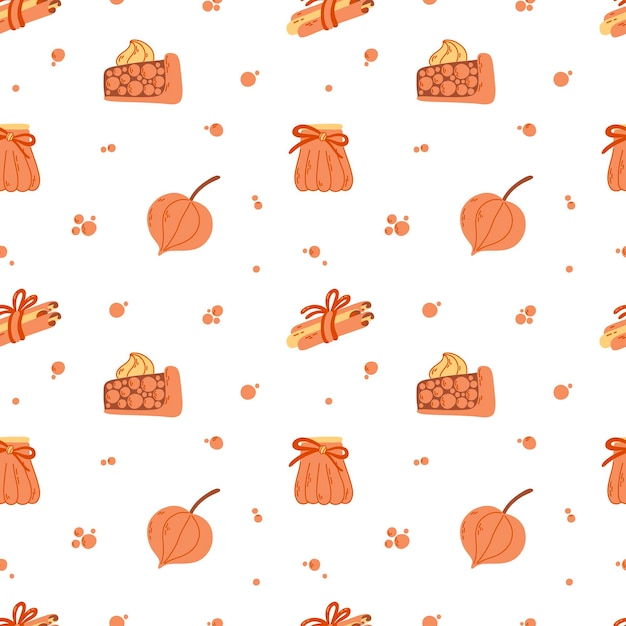 Seamless autumn pattern. Cure jar cinnamon pie physalis. Wrapping or print for fabric paper cover