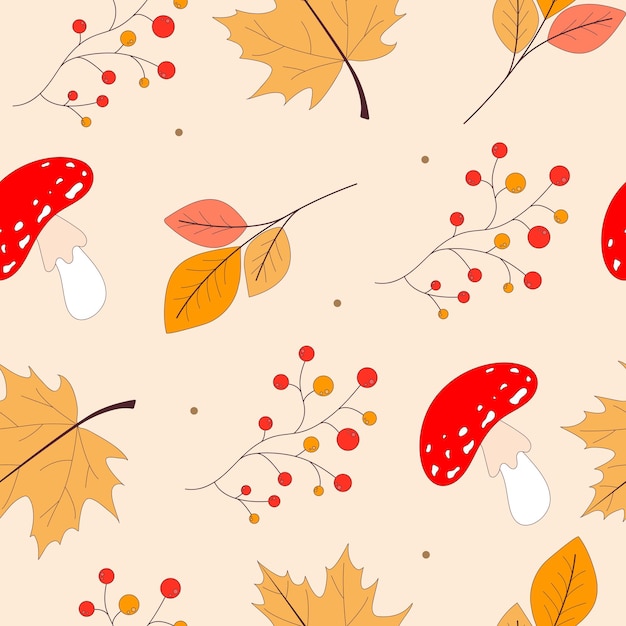 Seamless Autumn Pattern from mushrooms rowan twigs and leaves