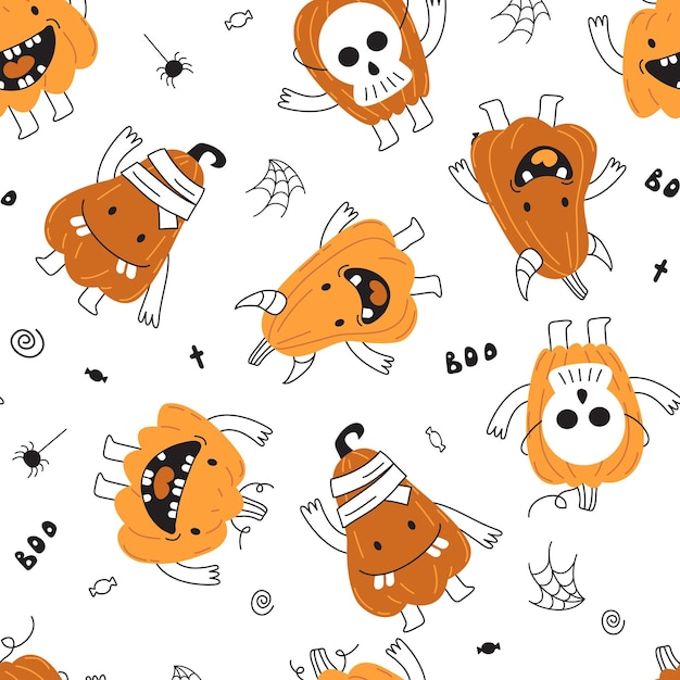 Seamless autumn pattern for Halloween. Funny pumpkins scare and smile. Baby print fabric or paper