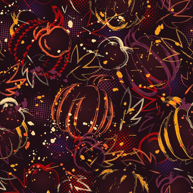 호박 사과 잎 페인트 브러시 스트로크를 사용한 그런지 스타일의 매끄러운 가을 패턴은 둥근 하프톤 모양을 얼룩지게 합니다. 추수감사절을 위한 밝은 장식 조밀하고 무작위적인 혼란스러운 구성