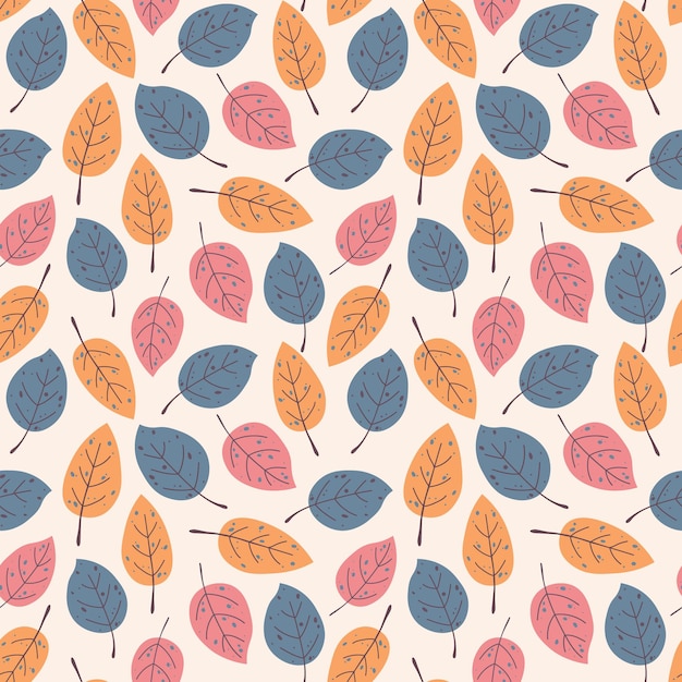 Seamless autumn pattern of simple leaves on a beige background in warm palette.