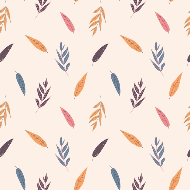 Seamless autumn pattern of simple leaves on a beige background in warm palette.