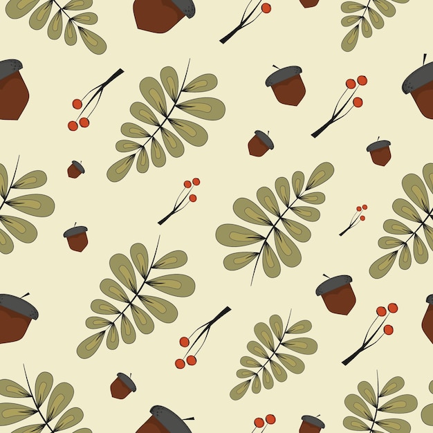 seamless autumn pattern Vector, green leaves and plants, flat fall design, rowan and acorns, print