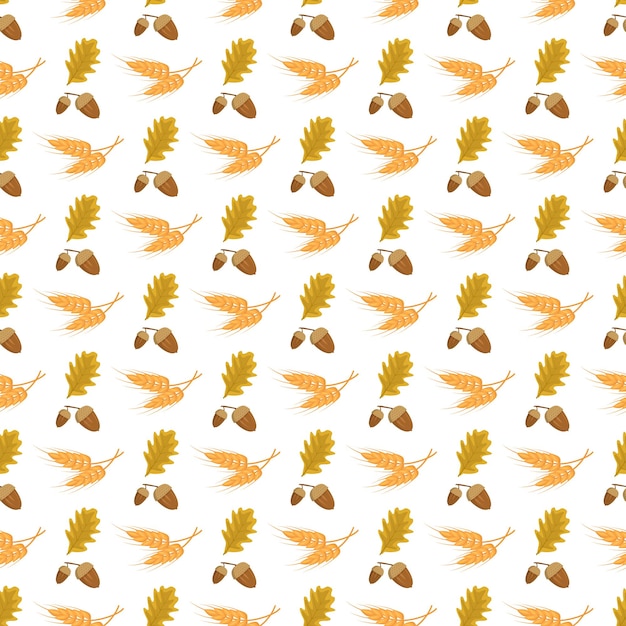 도토리 오크 잎과 배경에 밀의 귀와 원활한 가을 패턴 섬유 및 디자인 벡터 평면 그림에 대한 밝은 가을 수확 인쇄