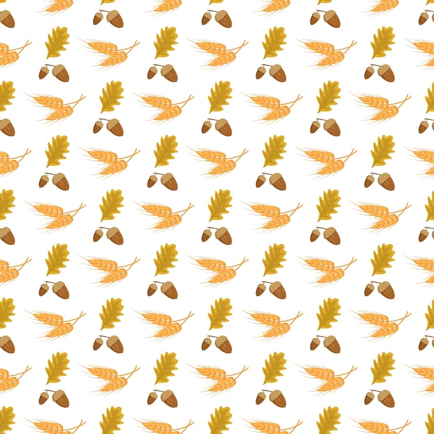 Seamless autumn pattern with acorns oak leaves and ears of wheat on white background Bright autumn harvest print for textiles and design Vector flat illustration