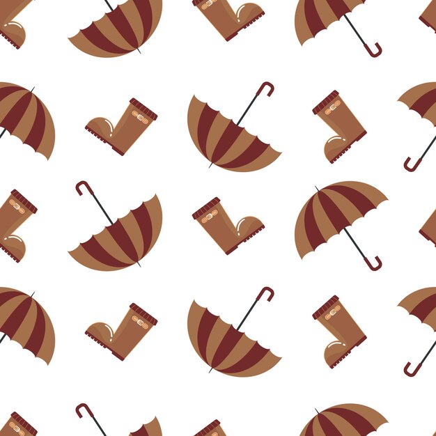 Seamless autumn pattern with brown rubber boots and an umbrella for rainy weather in a flat style isolated on a white background