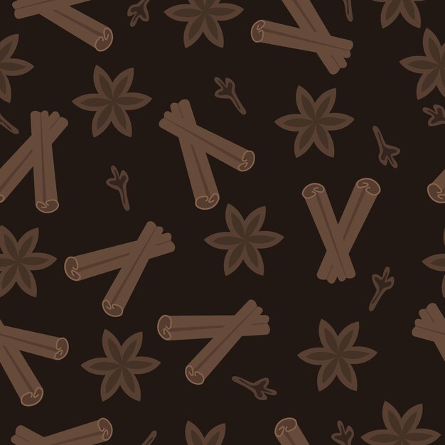Vector seamless autumn pattern with cinnamon sticks anise stars and clove seeds