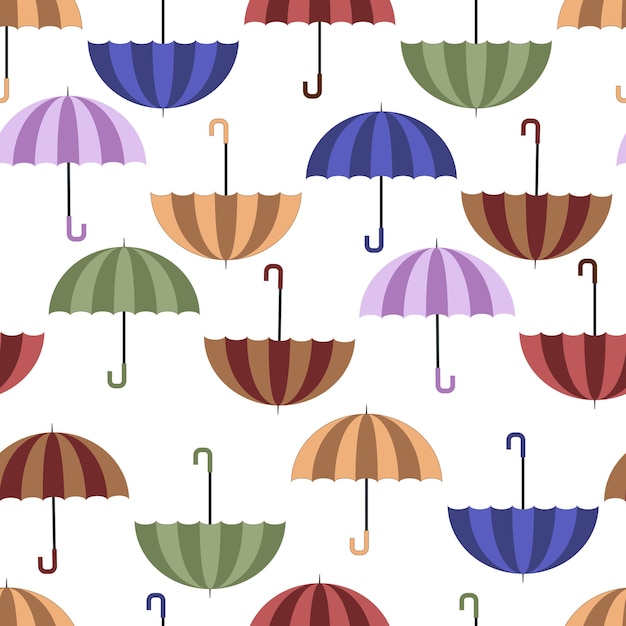 Seamless autumn pattern with colorful blue red orange brown purple green umbrellas for rainy weather in flat style isolated on white background