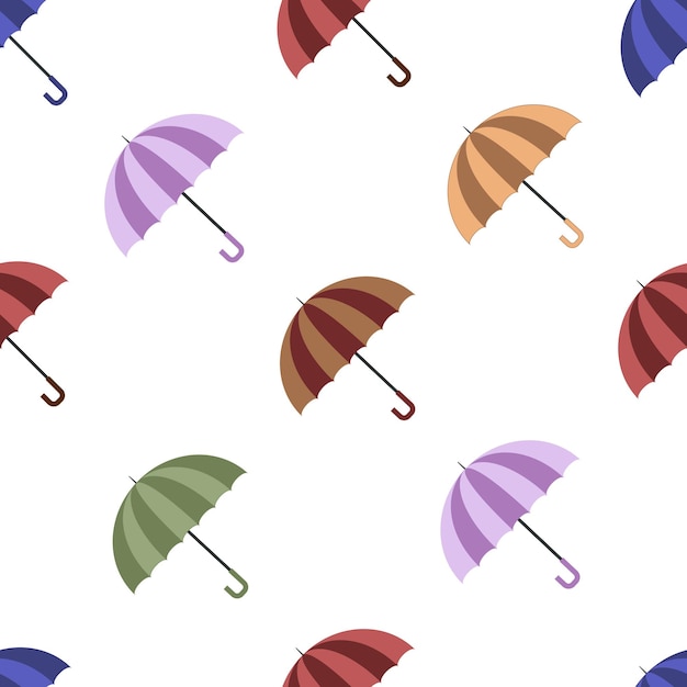 Seamless autumn pattern with colorful blue red orange brown purple green umbrellas for rainy weather in flat style isolated on white background