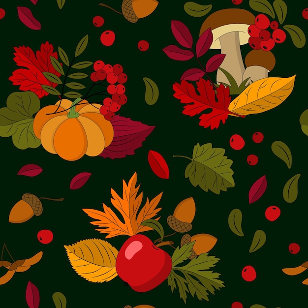 Seamless autumn pattern with colorful natural elements on dark background Apple leaves pumpkin mushrooms rowan acorns