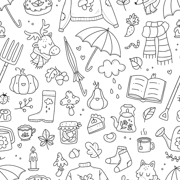 Vector seamless autumn pattern with cute doodles vector illustration background