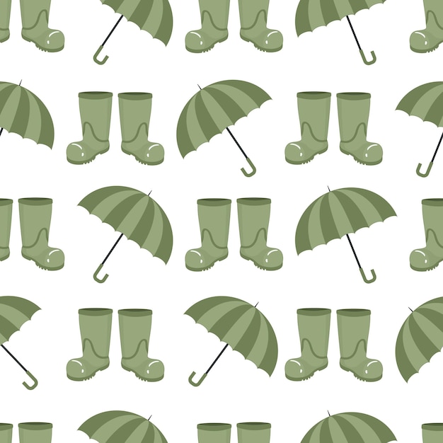 흰색 배경에 격리된 평평한 스타일의 비오는 날씨를 위한 녹색 고무 장화와 우산이 있는 매끄러운 가을 패턴