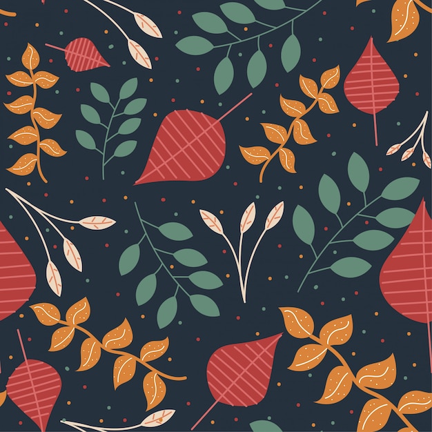 Seamless autumn pattern with leaves on dark background