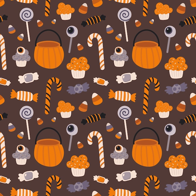 ベクトル 茶色の背景にカボチャ バスケット、カップケーキ、キャンディーとシームレスな秋のパターン