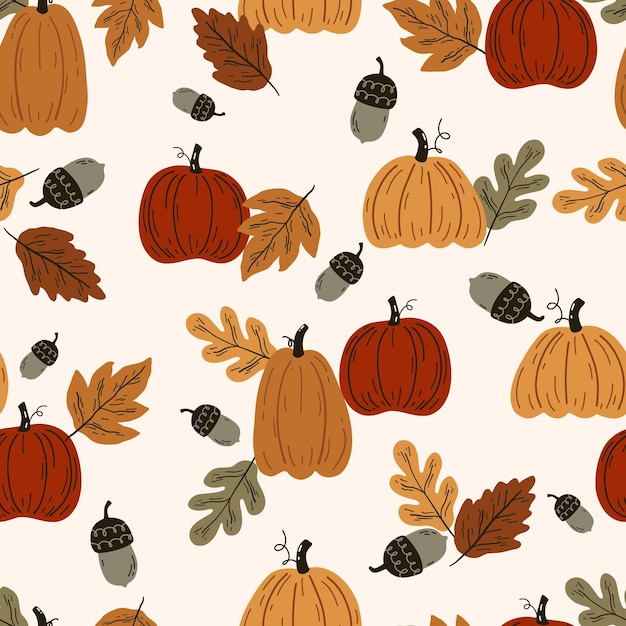 Seamless autumn pattern with pumpkins and leaves Endless repeatable autumn harvest texture
