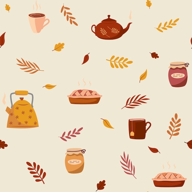 Seamless autumn pattern with tea party attributes