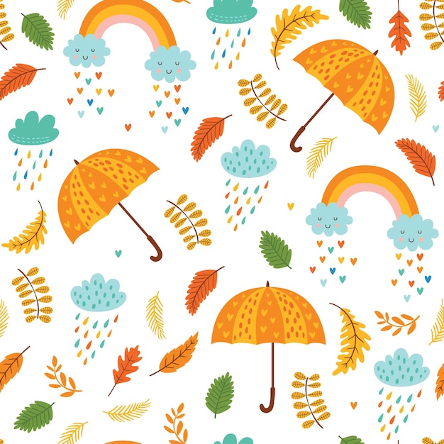 Seamless autumn pattern with umbrellas, clouds with rain and rainbows.