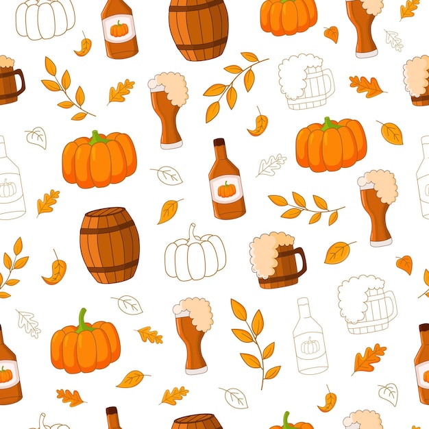 Seamless autumn texture with pumpkin ale mugs bottles barrels pumpkins and leaves