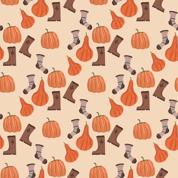 Seamless autumnal vector pattern with orange pumpkins and rain boots on pale fall background