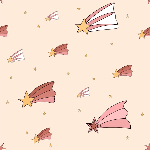 Vector seamless baby retro pattern with stars in boho colors starfall shooting star