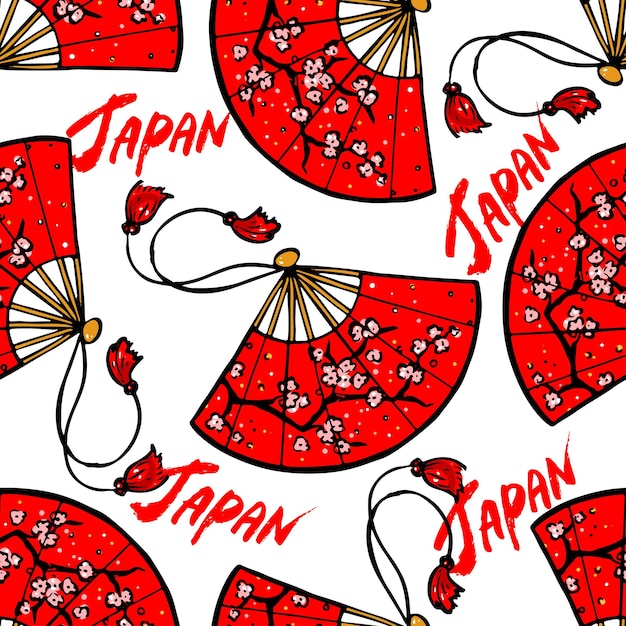 Sfondo senza soluzione di continuità di bellissimi fan giapponesi rossi con un'immagine di fiori di ciliegio. illustrazione disegnata a mano