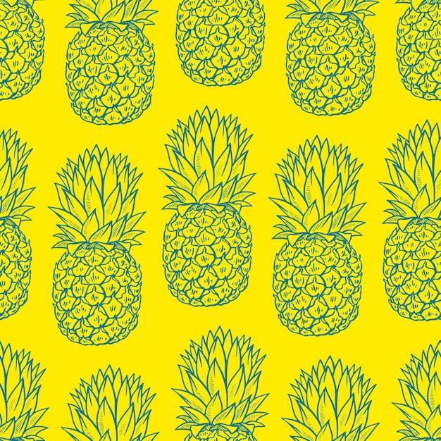 Seamless background of blue sketch pineapples on yellow background. hand-drawn illustration