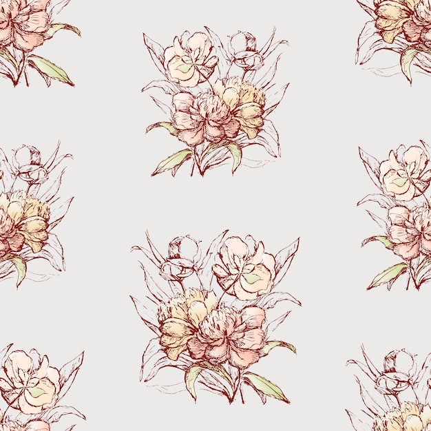 Seamless background of bouquets peonies sketches