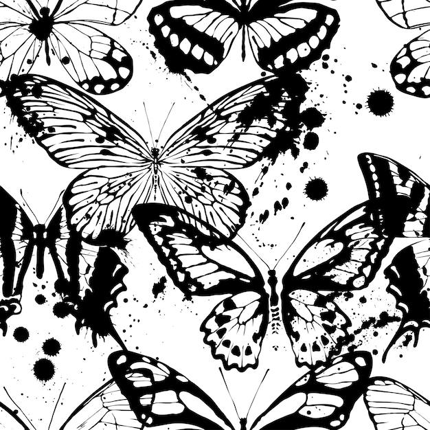 Seamless background of butterflies black and white colors vector illustration