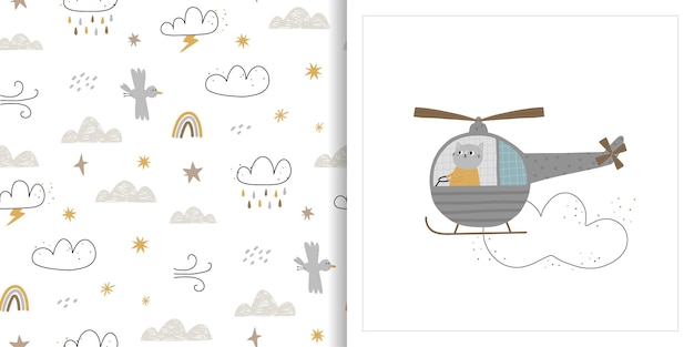 Seamless background and card with a cute cat in a helicopter travel and adventure